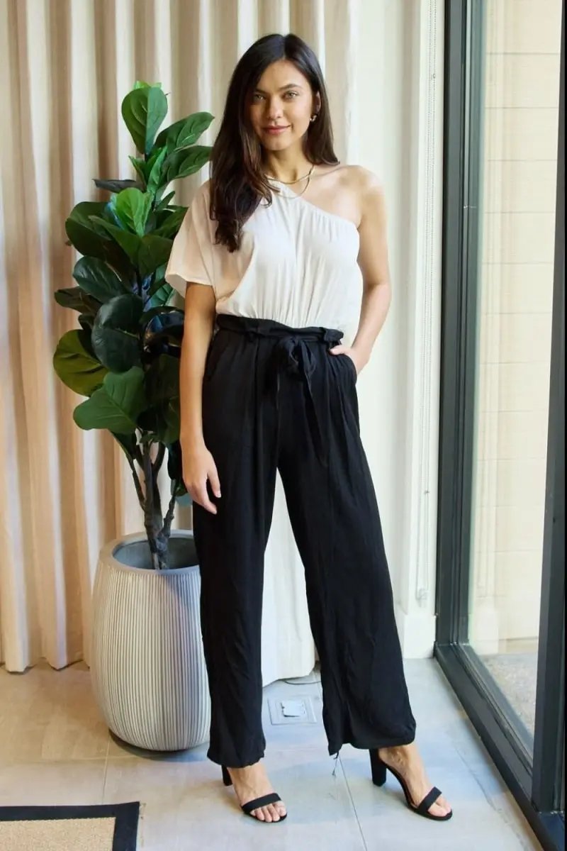 Dress Day Marvelous in Manhattan One-Shoulder Jumpsuit in White/Black - Love Salve